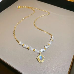 Dây chuyền mạ vàng ngọc trai mặt đá mặt trăng Moonstone kiểu Pháp