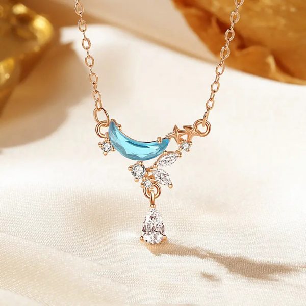 Dây chuyền bạc mặt trăng khuyết đá Zircon xanh