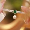 Dây chuyền chuỗi Double Chain ngọc trai thiên nhiên mặt đá Diopside thanh lịch
