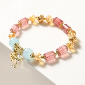Vòng tay chuỗi Thạch anh hồng mix đá Aquamarine thiên nhiên