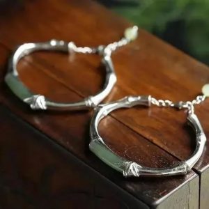 Vòng tay bạc Bamboo đính ngọc bích thiên nhiên