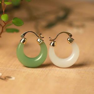 Bông tai tròn đá Chalcedony cổ điển