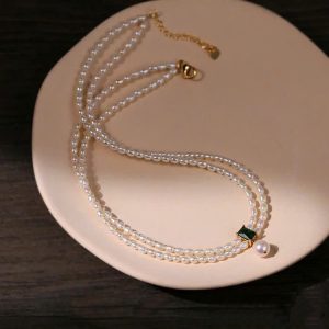 Dây chuyền chuỗi Double Chain ngọc trai thiên nhiên mặt đá Diopside thanh lịch