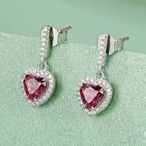 Bông tai bạc thả dài đính đá Garnet trái tim + đá Zircon cao cấp