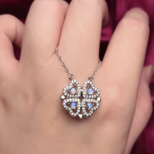 Dây chuyền bạc Hoa 4 cánh đóng mở đính đá Mặt trăng Moonstone tròn
