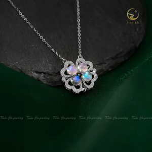 Dây chuyền bạc Hoa 4 cánh đóng mở đính đá Mặt trăng Moonstone tròn