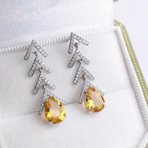 Bông tai bạc thả dài đính đá Citrine thạch anh vàng