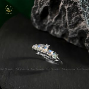 Nhẫn bạc 6 đá Mặt trăng Moonstone tròn